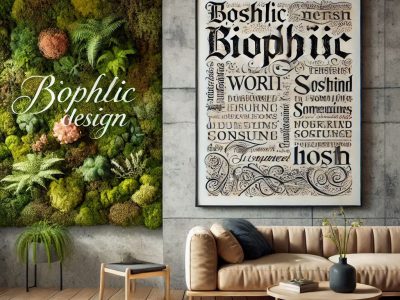 biophilic interior design poster with calligraphy on keywords and a mosswall